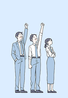 전신 여자 남자 하늘색 일러스트 미소 정장 성인 세명 손들기 팔짱 비즈니스맨 비즈니스우먼 주머니손 성인만 국내일러스트 AI파일 옷 비즈니스 모션 표정 사람 파란색 직장인 파일형식 벡터