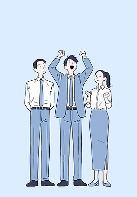 전신 여자 남자 하늘색 일러스트 미소 정장 성인 세명 손들기 만세 비즈니스맨 비즈니스우먼 뒷짐 성인만 국내일러스트 AI파일 옷 비즈니스 모션 표정 사람 파란색 직장인 파일형식 벡터