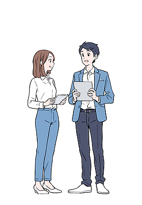 전신 여자 남자 하늘색 일러스트 대화 미소 들기 정장 성인 두명 태블릿 비즈니스맨 비즈니스우먼 성인만 국내일러스트 AI파일 옷 비즈니스 모션 표정 말하기 사람 파란색 전자제품 스마트기기 직장인 파일형식 벡터