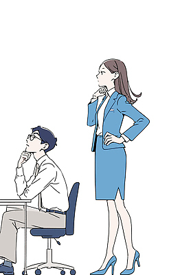 전신 여자 남자 허리손 하늘색 의자 일러스트 미소 앉기 정장 성인 두명 턱괴기 비즈니스맨 비즈니스우먼 책상 성인만 안경낌 국내일러스트 AI파일 옷 안경 포즈 가구 비즈니스 모션 표정 사람 파란색 직장인 파일형식 벡터