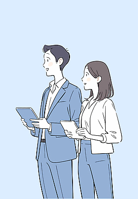 여자 남자 하늘색 일러스트 대화 미소 들기 정장 성인 두명 태블릿 비즈니스맨 비즈니스우먼 성인만 국내일러스트 AI파일 옷 비즈니스 모션 표정 말하기 사람 파란색 전자제품 스마트기기 직장인 파일형식 벡터