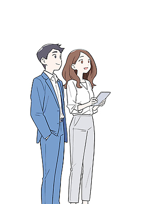 여자 남자 하늘색 일러스트 대화 미소 들기 정장 성인 두명 태블릿 비즈니스맨 비즈니스우먼 주머니손 성인만 국내일러스트 AI파일 옷 비즈니스 모션 표정 말하기 사람 파란색 전자제품 스마트기기 직장인 파일형식 벡터