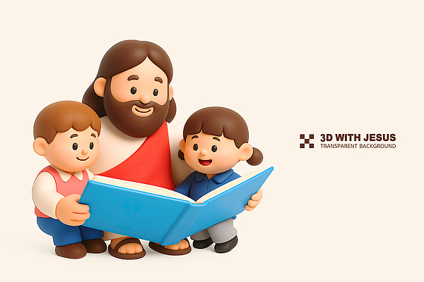 전신 PSD 편집이미지 여자 남자 기독교 어린이 미소 들기 소녀 소년 성인 책 세명 독서 3D 예수 베이지색 편집3D 종교 컬러 모션 표정 사람 신_종교 디지털합성 파일형식