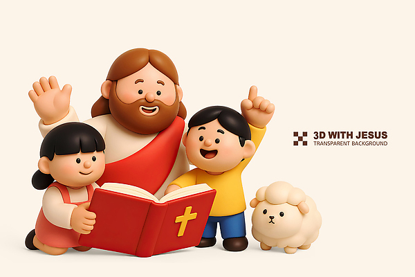 전신 PSD 편집이미지 여자 남자 기독교 어린이 미소 들기 소녀 소년 성인 책 세명 독서 3D 손들기 양 예수 무릎꿇기 베이지색 편집3D 종교 컬러 포유류 모션 표정 사람 신_종교 디지털합성 파일형식