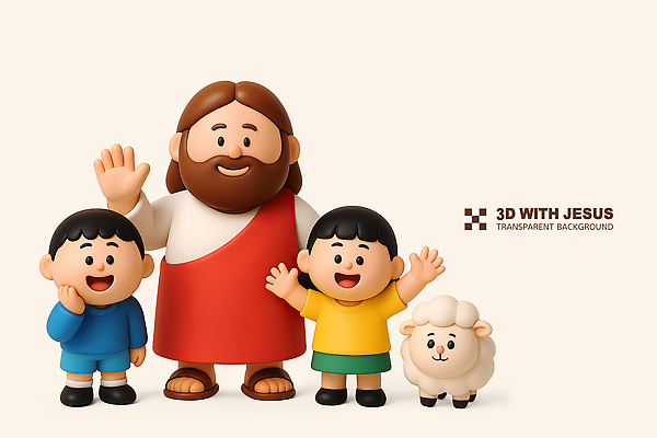 전신 PSD 편집이미지 남자 기독교 어린이 미소 웃음 소년 성인 세명 3D 손들기 인사 양 예수 손인사 베이지색 남자만 편집3D 종교 컬러 포유류 모션 표정 사람 예절 신_종교 디지털합성 파일형식