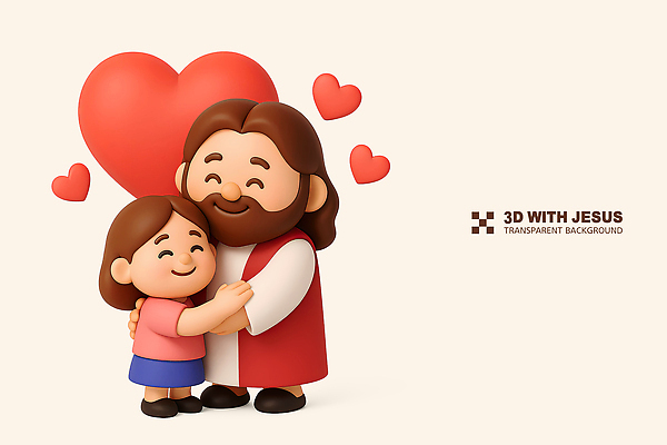 전신 PSD 편집이미지 여자 남자 기독교 어린이 포옹 웃음 소녀 성인 두명 3D 하트 예수 베이지색 편집3D 모양 종교 컬러 안기 표정 사람 신_종교 디지털합성 파일형식