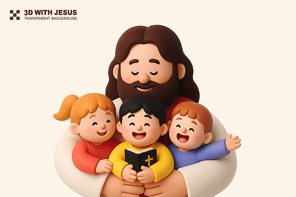PSD 편집이미지 여자 남자 기독교 어린이 포옹 미소 웃음 들기 소녀 소년 여러명 상반신 성인 3D 손들기 눈감음 성경 예수 베이지색 편집3D 종교 컬러 다수 종교용품 안기 모션 표정 사람 신_종교 디지털합성 파일형식