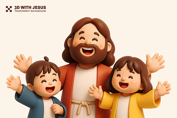 PSD 편집이미지 여자 남자 기독교 어린이 웃음 소녀 소년 상반신 성인 세명 3D 손들기 인사 예수 베이지색 편집3D 종교 컬러 모션 표정 사람 예절 신_종교 디지털합성 파일형식