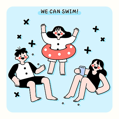 전신 여자 남자 수영복 하늘색 일러스트 청소년 물놀이 수영장 미소 들기 세명 여름휴가 손들기 수영 우정 즐거움 튜브 십대만 국내일러스트 AI파일 옷 감정 모션 놀이 휴가 표정 사람 파란색 친구 수상스포츠 파일형식 벡터 여름_계절