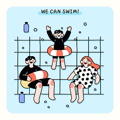 전신 여자 남자 수영복 하늘색 일러스트 청소년 물놀이 수영장 미소 앉기 세명 여름휴가 손들기 수영 우정 물통 즐거움 튜브 십대만 국내일러스트 AI파일 옷 감정 모션 놀이 휴가 표정 사람 파란색 친구 수상스포츠 파일형식 벡터 여름_계절