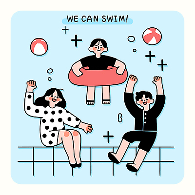 전신 여자 남자 수영복 하늘색 일러스트 청소년 물놀이 수영장 미소 앉기 세명 여름휴가 손들기 수영 우정 비치볼 즐거움 튜브 십대만 국내일러스트 AI파일 옷 감정 공 모션 놀이 휴가 바캉스용품 표정 사람 파란색 친구 수상스포츠 파일형식 벡터 여름_계절