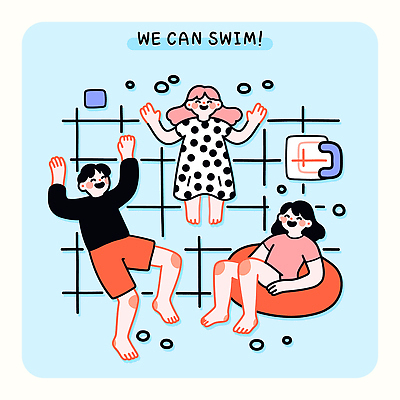 전신 여자 남자 수영복 하늘색 일러스트 청소년 물놀이 수영장 미소 웃음 앉기 세명 여름휴가 손들기 수영 우정 즐거움 튜브 십대만 국내일러스트 AI파일 옷 감정 모션 놀이 휴가 표정 사람 파란색 친구 수상스포츠 파일형식 벡터 여름_계절