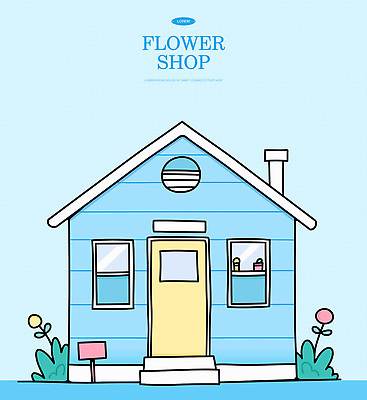 꽃 화분 하늘색 일러스트 창문 굴뚝 사람없음 문 표지판 풀 쇼윈도 꽃집 국내일러스트 AI파일 식물 알림판 파란색 상점 전시 파일형식 벡터