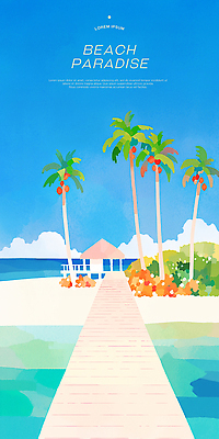 PSD 일러스트 하늘 해변 사람없음 여름휴가 모래사장 야자수 풀 휴양지 정자 나무다리 파라다이스 국내일러스트 나무 식물 건축물 바다 휴가 장소 다리_건축물 파일형식 여름_계절