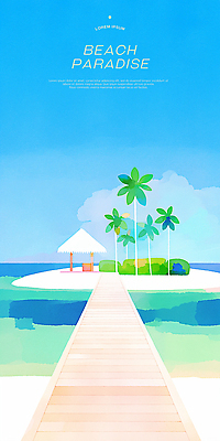 PSD 일러스트 하늘 해변 사람없음 여름휴가 모래사장 야자수 풀 휴양지 정자 나무다리 파라다이스 국내일러스트 나무 식물 건축물 바다 휴가 장소 다리_건축물 파일형식 여름_계절
