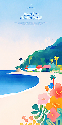 PSD 일러스트 하늘 산 주택 해변 사람없음 여름휴가 모래사장 야자수 마을 풀 휴양지 열대꽃 파라다이스 국내일러스트 나무 식물 꽃 바다 휴가 건물 장소 파일형식 여름_계절