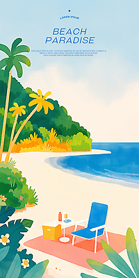 PSD 의자 일러스트 하늘 해변 사람없음 여름휴가 모래사장 야자수 풀 돗자리 휴양지 아이스박스 파라다이스 국내일러스트 나무 식물 바다 가구 휴가 장소 파일형식 여름_계절