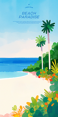 PSD 일러스트 하늘 해변 사람없음 여름휴가 모래사장 야자수 풀 휴양지 파라다이스 국내일러스트 나무 식물 바다 휴가 장소 파일형식 여름_계절