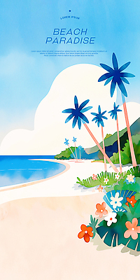PSD 구름 일러스트 하늘 해변 사람없음 여름휴가 모래사장 야자수 풀 휴양지 열대꽃 파라다이스 국내일러스트 자연요소 나무 식물 꽃 바다 휴가 장소 파일형식 여름_계절