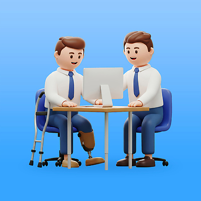 전신 PSD 편집이미지 남자 의자 책장 미소 앉기 정장 성인 두명 파란색 노트북 3D 비즈니스맨 장애인 목발 의족 성인남자만 장애인취업 편집3D 옷 컬러 가구 비즈니스 의료기기 모션 표정 사람 전자제품 직장인 디지털합성 장애 남자만 성인만 파일형식