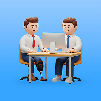 전신 PSD 편집이미지 남자 의자 책장 미소 앉기 정장 성인 두명 파란색 노트북 3D 비즈니스맨 장애인 목발 의족 성인남자만 장애인취업 편집3D 옷 컬러 가구 비즈니스 의료기기 모션 표정 사람 전자제품 직장인 디지털합성 장애 남자만 성인만 파일형식