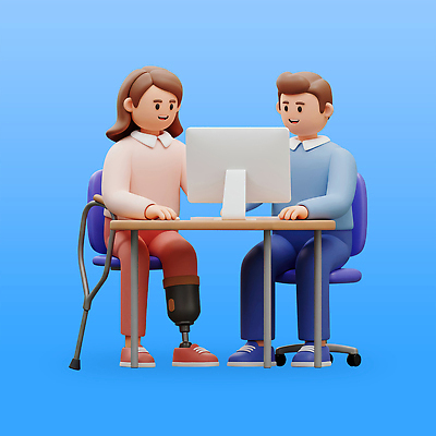 전신 PSD 편집이미지 여자 남자 의자 책장 미소 앉기 정장 성인 두명 파란색 노트북 3D 비즈니스맨 비즈니스우먼 장애인 목발 의족 성인만 장애인취업 편집3D 옷 컬러 가구 비즈니스 의료기기 모션 표정 사람 전자제품 직장인 디지털합성 장애 파일형식