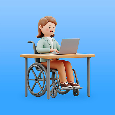 전신 PSD 편집이미지 여자 한명 미소 앉기 정장 성인 파란색 노트북 3D 타이핑 비즈니스우먼 장애인 책상 휠체어 성인여자한명만 장애인취업 편집3D 1 옷 컬러 가구 비즈니스 모션 표정 사람 전자제품 직장인 디지털합성 장애 여자한명만 성인여자만 파일형식