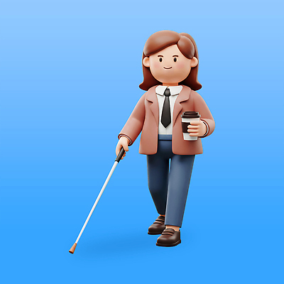 전신 PSD 편집이미지 여자 한명 미소 들기 정장 성인 파란색 3D 걷기 비즈니스우먼 시각장애인 테이크아웃컵 성인여자한명만 흰지팡이 장애인취업 편집3D 1 옷 컬러 비즈니스 모션 지팡이 표정 사람 컵 직장인 장애인 디지털합성 여자한명만 성인여자만 파일형식