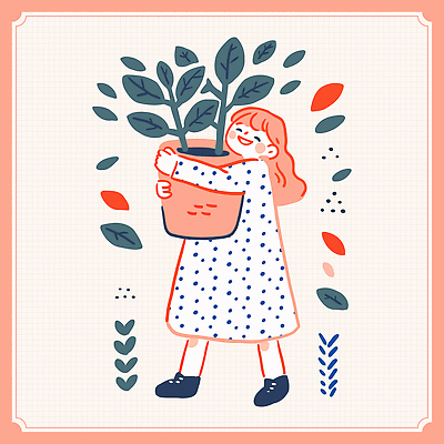 전신 여자 화분 어린이 일러스트 나뭇잎 한그루 한명 미소 웃음 들기 소녀 자연보호 식목일 살구색 소녀한명만 국내일러스트 AI파일 나무 1 기념일 컬러 잎 모션 자연 표정 사람 보호 여자한명만 소녀만 파일형식 벡터