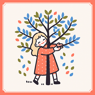 전신 여자 어린이 일러스트 포옹 나뭇잎 한그루 한명 미소 소녀 자연보호 주황색 식목일 소녀한명만 국내일러스트 AI파일 나무 1 기념일 컬러 잎 안기 자연 표정 사람 보호 여자한명만 소녀만 파일형식 벡터