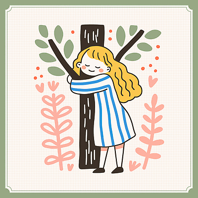 전신 여자 어린이 일러스트 포옹 나뭇잎 한그루 한명 미소 소녀 초록색 자연보호 눈감음 식목일 소녀한명만 국내일러스트 AI파일 나무 1 기념일 컬러 잎 안기 모션 자연 표정 사람 보호 여자한명만 소녀만 파일형식 벡터