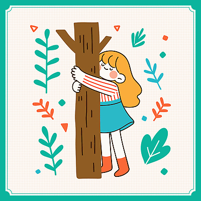 전신 여자 어린이 일러스트 포옹 나뭇잎 한그루 한명 미소 소녀 자연보호 눈감음 식목일 청록색 소녀한명만 국내일러스트 AI파일 나무 1 기념일 컬러 잎 안기 모션 자연 표정 사람 보호 여자한명만 소녀만 파일형식 벡터