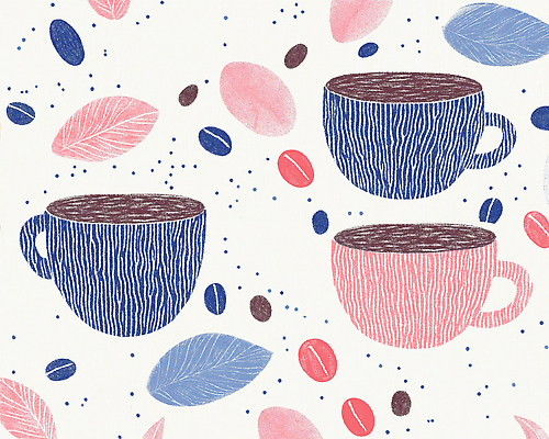 JPG 백그라운드 잎 패턴 일러스트 사람없음 원두 커피잔 손그림 국내일러스트 AI일러스트 AI콘텐츠 식물 커피 무늬 잔 파일형식