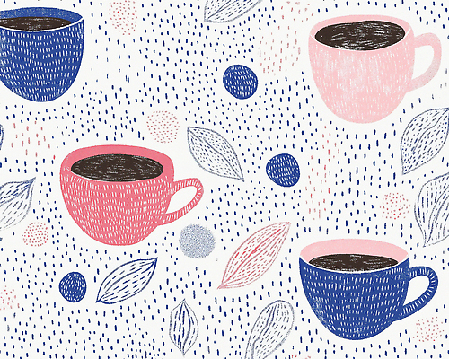 JPG 분홍색 백그라운드 잎 패턴 일러스트 사람없음 원형 커피잔 남색 손그림 국내일러스트 AI일러스트 AI콘텐츠 도형 식물 커피 컬러 무늬 잔 파일형식