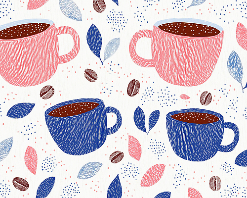 JPG 백그라운드 잎 패턴 일러스트 사람없음 원두 커피잔 손그림 국내일러스트 AI일러스트 AI콘텐츠 식물 커피 무늬 잔 파일형식