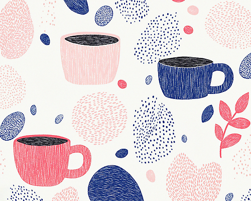 JPG 분홍색 백그라운드 잎 패턴 일러스트 사람없음 원형 커피잔 남색 손그림 국내일러스트 AI일러스트 AI콘텐츠 도형 식물 커피 컬러 무늬 잔 파일형식