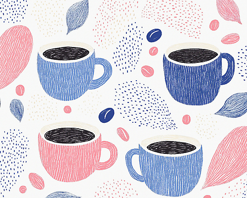JPG 백그라운드 잎 패턴 일러스트 사람없음 원두 커피잔 손그림 국내일러스트 AI일러스트 AI콘텐츠 식물 커피 무늬 잔 파일형식