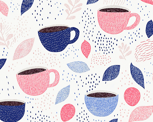 JPG 분홍색 백그라운드 잎 패턴 일러스트 사람없음 원형 커피잔 남색 손그림 국내일러스트 AI일러스트 AI콘텐츠 도형 식물 커피 컬러 무늬 잔 파일형식