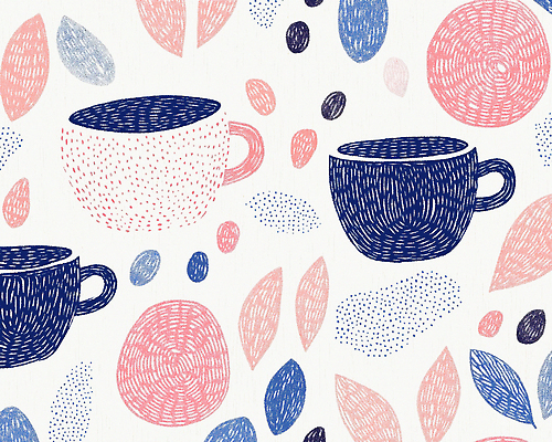 JPG 분홍색 백그라운드 잎 패턴 일러스트 사람없음 원형 커피잔 남색 손그림 국내일러스트 AI일러스트 AI콘텐츠 도형 식물 커피 컬러 무늬 잔 파일형식