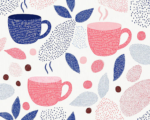 JPG 분홍색 백그라운드 잎 패턴 일러스트 사람없음 원형 커피잔 남색 손그림 국내일러스트 AI일러스트 AI콘텐츠 도형 식물 커피 컬러 무늬 잔 파일형식
