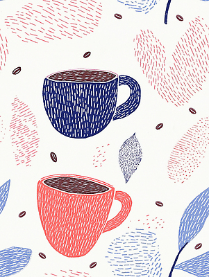 JPG 백그라운드 잎 패턴 일러스트 사람없음 원두 커피잔 손그림 국내일러스트 AI일러스트 AI콘텐츠 식물 커피 무늬 잔 파일형식