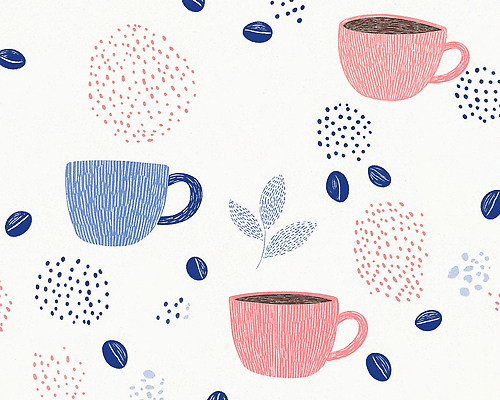 JPG 백그라운드 잎 패턴 일러스트 사람없음 원두 커피잔 손그림 국내일러스트 AI일러스트 AI콘텐츠 식물 커피 무늬 잔 파일형식