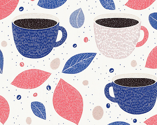 JPG 백그라운드 잎 패턴 일러스트 사람없음 원두 커피잔 손그림 국내일러스트 AI일러스트 AI콘텐츠 식물 커피 무늬 잔 파일형식