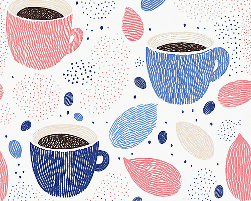 JPG 백그라운드 잎 패턴 일러스트 사람없음 원두 커피잔 손그림 국내일러스트 AI일러스트 AI콘텐츠 식물 커피 무늬 잔 파일형식