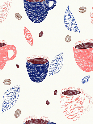 JPG 백그라운드 잎 패턴 일러스트 사람없음 원두 커피잔 손그림 국내일러스트 AI일러스트 AI콘텐츠 식물 커피 무늬 잔 파일형식