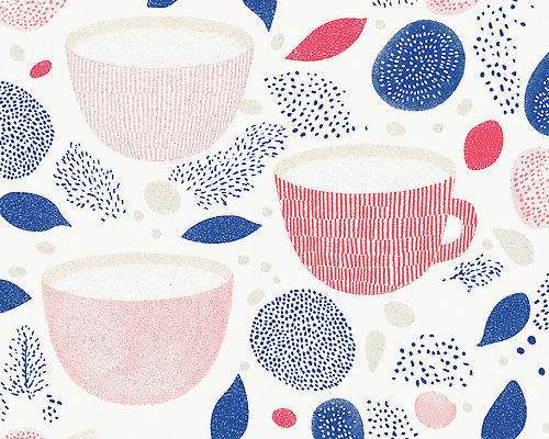 JPG 분홍색 백그라운드 잎 패턴 일러스트 사람없음 원형 커피잔 남색 손그림 국내일러스트 AI일러스트 AI콘텐츠 도형 식물 커피 컬러 무늬 잔 파일형식