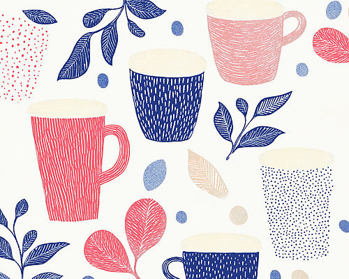 JPG 분홍색 백그라운드 잎 패턴 일러스트 사람없음 원형 커피잔 남색 손그림 국내일러스트 AI일러스트 AI콘텐츠 도형 식물 커피 컬러 무늬 잔 파일형식
