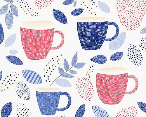 JPG 분홍색 백그라운드 잎 패턴 일러스트 사람없음 커피잔 남색 손그림 국내일러스트 AI일러스트 AI콘텐츠 식물 커피 컬러 무늬 잔 파일형식