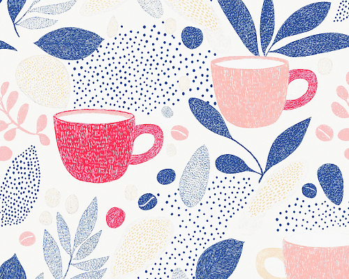 JPG 백그라운드 잎 패턴 일러스트 사람없음 원두 커피잔 손그림 국내일러스트 AI일러스트 AI콘텐츠 식물 커피 무늬 잔 파일형식