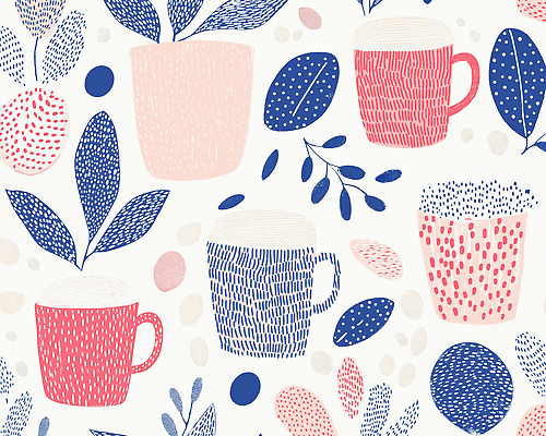 JPG 분홍색 백그라운드 잎 패턴 일러스트 사람없음 원형 커피잔 남색 손그림 국내일러스트 AI일러스트 AI콘텐츠 도형 식물 커피 컬러 무늬 잔 파일형식